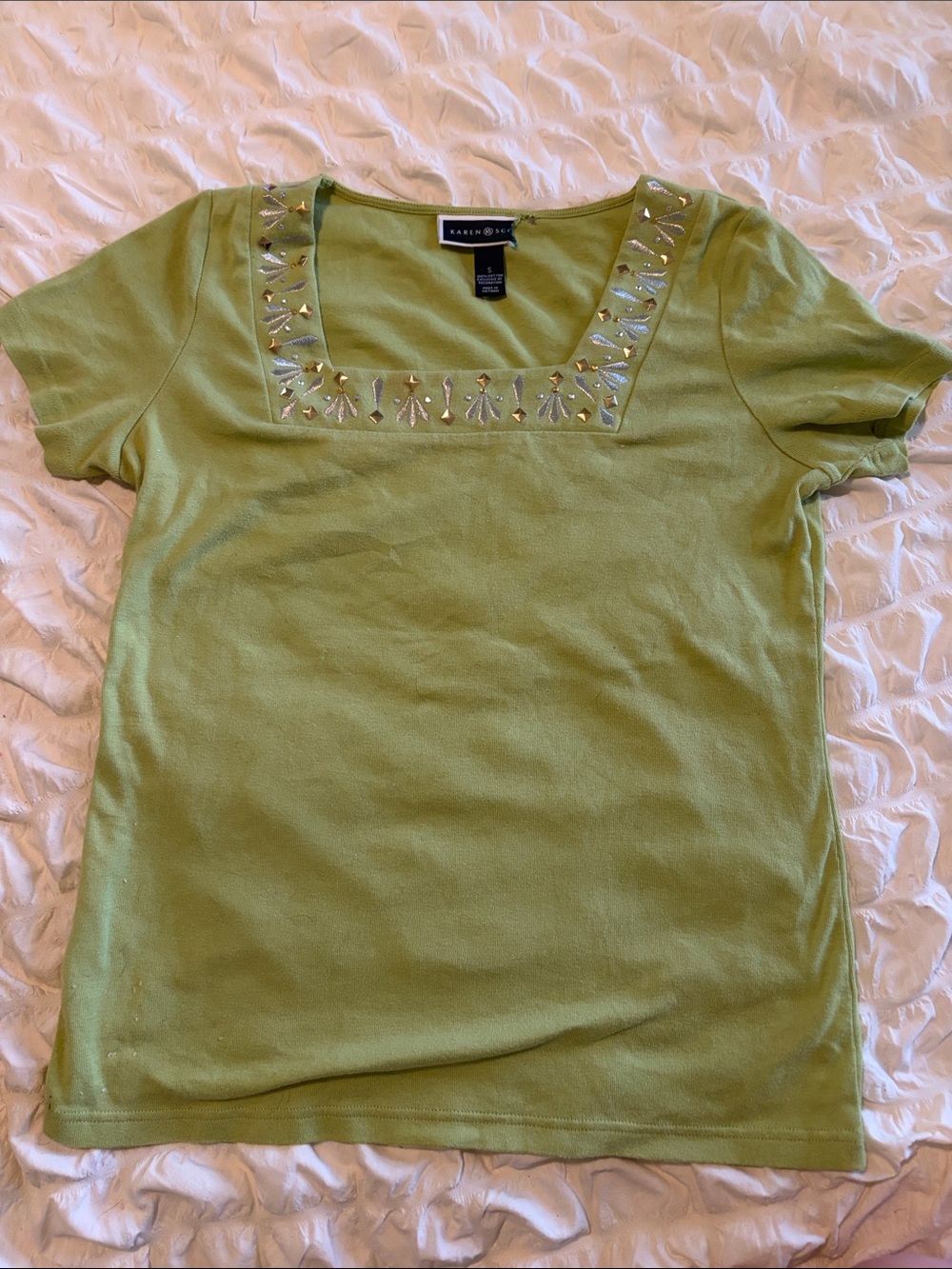 Karen Scott Lime Green Short Sleeve Embellished Square-Neck Tee